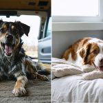 Split-view image of a rescued dog's transformation from anxious and scared in a shelter to relaxed and content in a homely environment after CBD oil treatment.