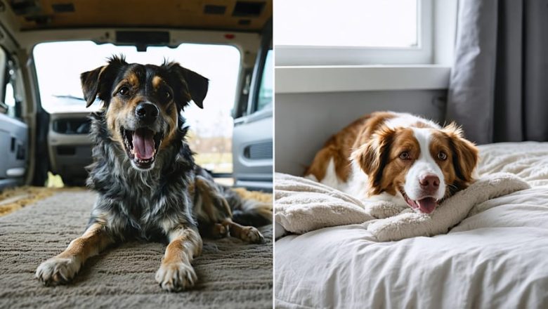 Split-view image of a rescued dog's transformation from anxious and scared in a shelter to relaxed and content in a homely environment after CBD oil treatment.
