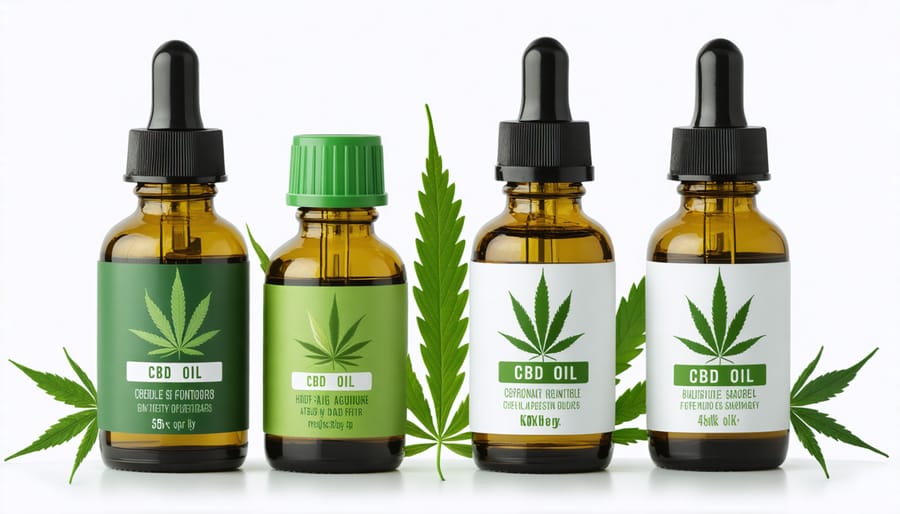 Selection of pet-specific CBD oil bottles and droppers for dogs