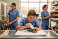 Diverse animal rescue volunteers in a shelter at dawn; one bottle-feeds a newborn kitten on a towel-covered table, another gently leashes a nervous dog, and a third folds clean blankets, with kennels and supplies softly blurred in the background.
