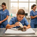 Diverse animal rescue volunteers in a shelter at dawn; one bottle-feeds a newborn kitten on a towel-covered table, another gently leashes a nervous dog, and a third folds clean blankets, with kennels and supplies softly blurred in the background.