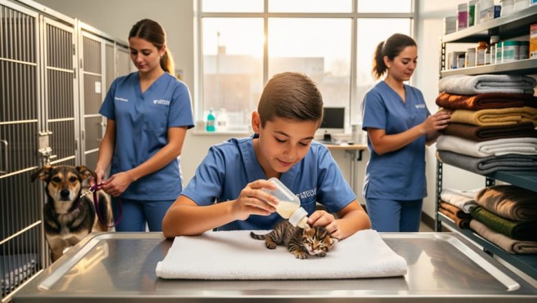 Diverse animal rescue volunteers in a shelter at dawn; one bottle-feeds a newborn kitten on a towel-covered table, another gently leashes a nervous dog, and a third folds clean blankets, with kennels and supplies softly blurred in the background.