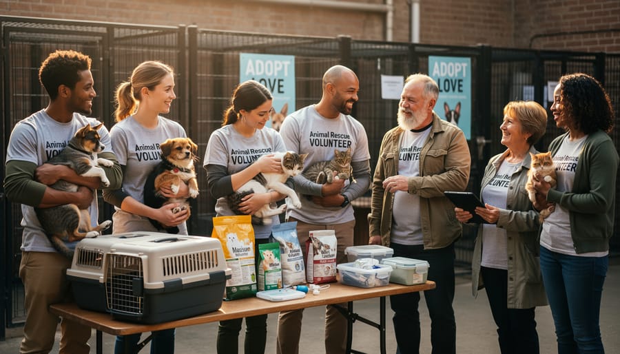 Diverse group of volunteers caring for rescue dogs and cats in shelter environment