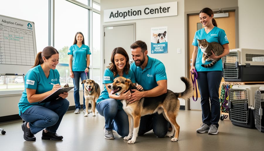 Family embracing newly adopted rescue dog at adoption event