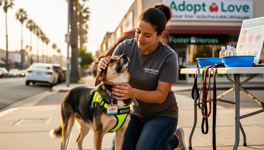 Animal rescue volunteer kneeling beside a calm dog on an LA sidewalk, with rescue supplies nearby.
