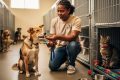 A volunteer kneels in an LA animal rescue kennel area, offering a treat to a dog while a cat rests nearby in a crate.