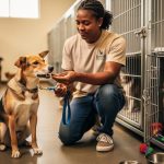 A volunteer kneels in an LA animal rescue kennel area, offering a treat to a dog while a cat rests nearby in a crate.