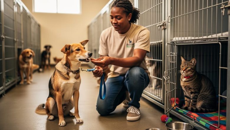 A volunteer kneels in an LA animal rescue kennel area, offering a treat to a dog while a cat rests nearby in a crate.