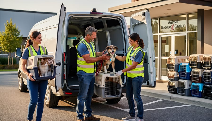 Volunteer transporting a rescued dog in a vehicle with secured carriers in the back seat