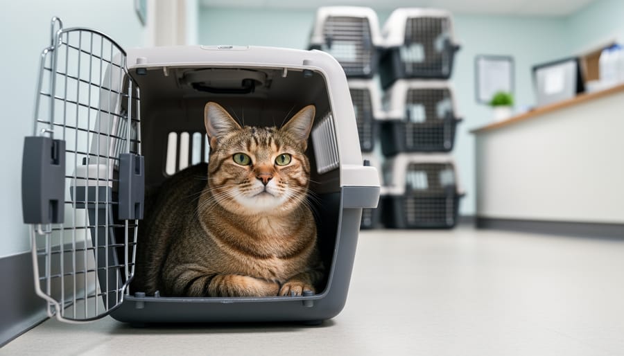 A calm adult cat resting inside a cozy carrier on a clean surface