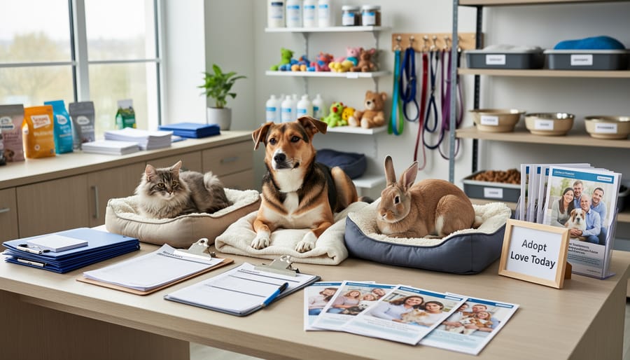 A calm shelter cat and small dog resting beside a clipboard and blank paper sheets on a clean surface.