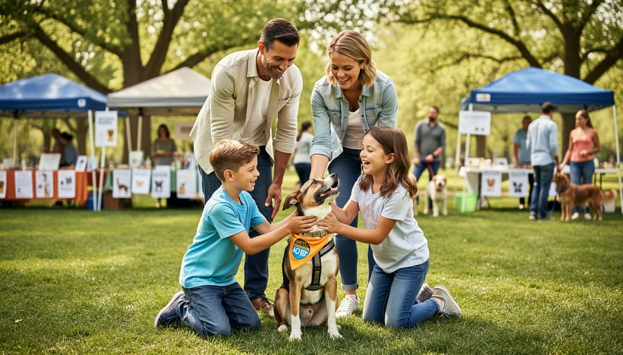 A family kneels beside an adoptable dog at an outdoor adoption event in Lincoln, Nebraska.