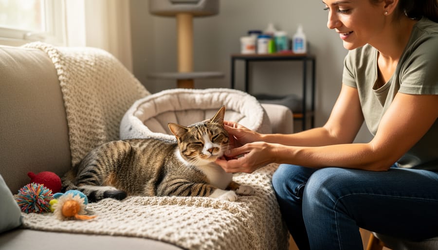A foster caregiver gently petting a tabby cat on a blanket in a home living room