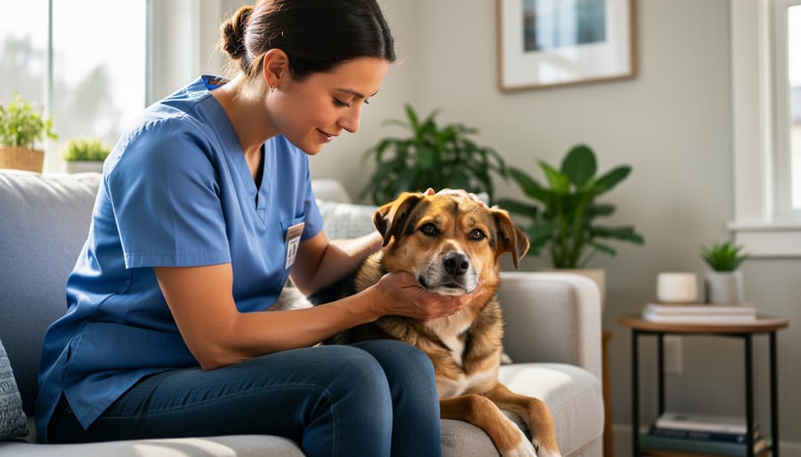 A foster volunteer kneeling and gently petting a rescue dog in a cozy home