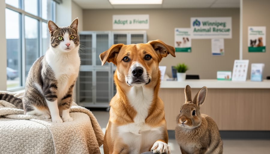 A friendly dog and cat in a Winnipeg pet rescue shelter lobby with an open kennel door