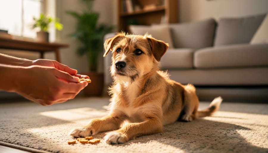 A person’s hands offer a treat to a rescued dog in a warmly lit living room setting.