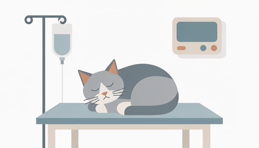 A senior cat lying on a blanket in a clinic room while a veterinarian and caregiver prepare for care