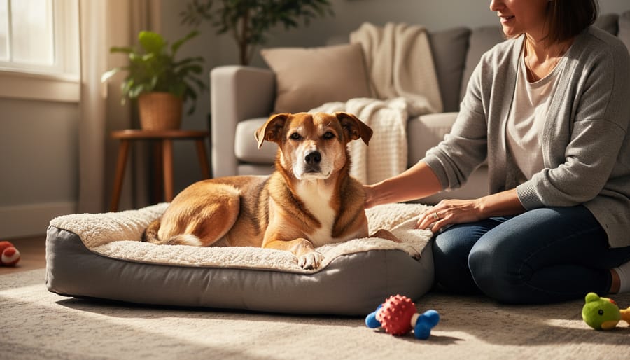 A volunteer kneels beside a small dog resting on a pet bed in a cozy living room