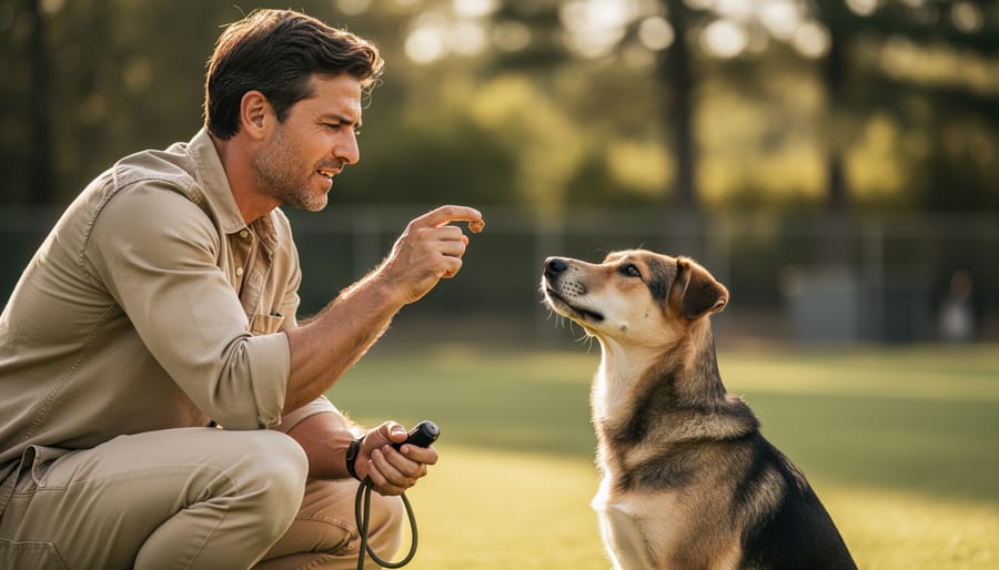 Adopter crouching outdoors reading a rescue dog’s relaxed body language near a reward