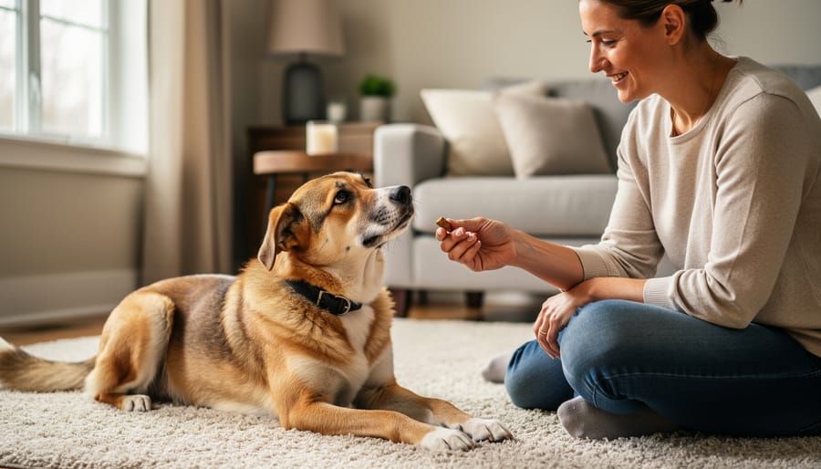 Adult rescue dog sitting attentively beside an adopter offering a treat indoors