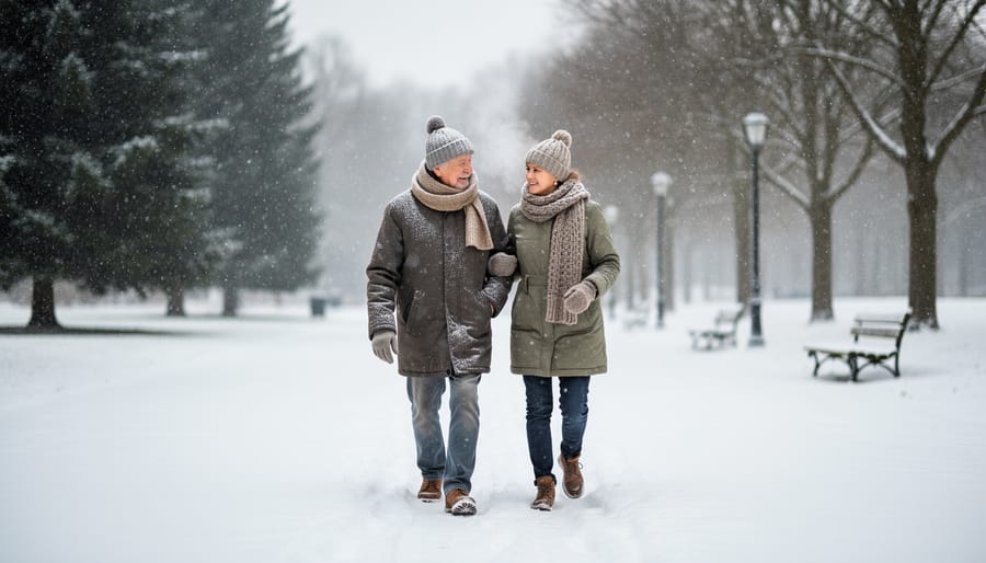 An adopter walking a newly adopted dog on a leash during golden-hour snow light