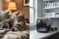 A calm gray tabby cat resting on a blanket between a cozy foster-home setting and a clean boarding-style area with pet care items nearby.