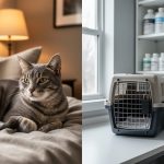 A calm gray tabby cat resting on a blanket between a cozy foster-home setting and a clean boarding-style area with pet care items nearby.