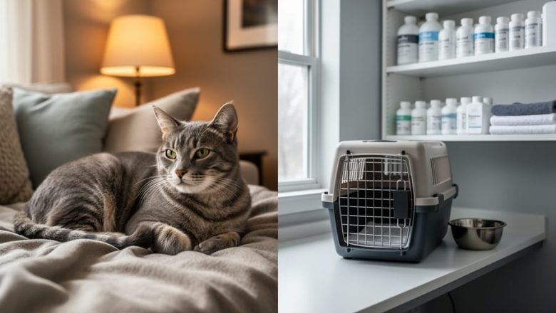 A calm gray tabby cat resting on a blanket between a cozy foster-home setting and a clean boarding-style area with pet care items nearby.