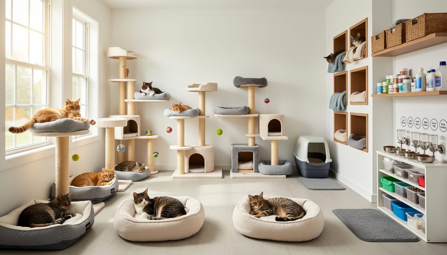 Cats resting on soft beds in a bright, well-organized boarding room