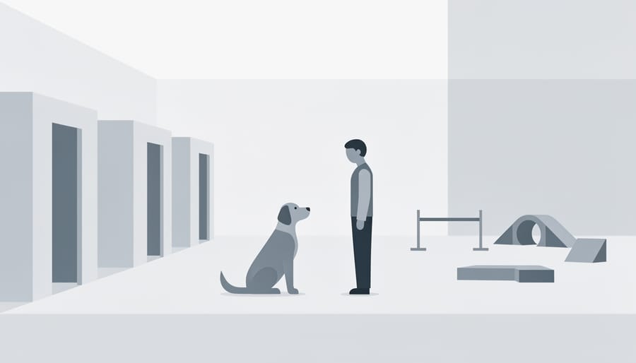 Clean, quiet dog boarding facility aisle with kennel doors and soft lighting.