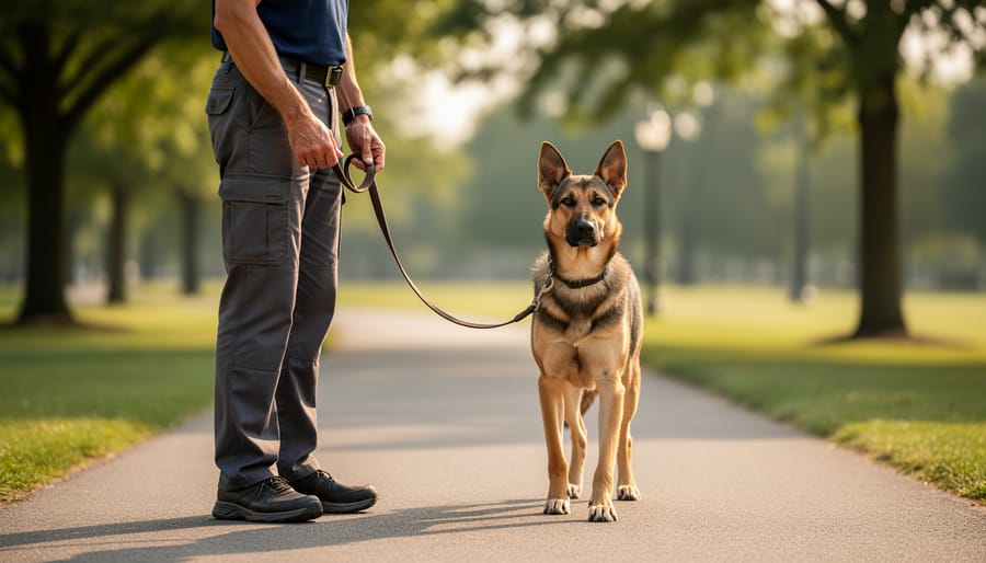 Dog trainer guiding a golden retriever on leash during a practice session outdoors.