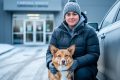 A person wearing a winter jacket gently holds a leash beside a calm dog in snowy Edmonton near a parked car.