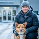 A person wearing a winter jacket gently holds a leash beside a calm dog in snowy Edmonton near a parked car.