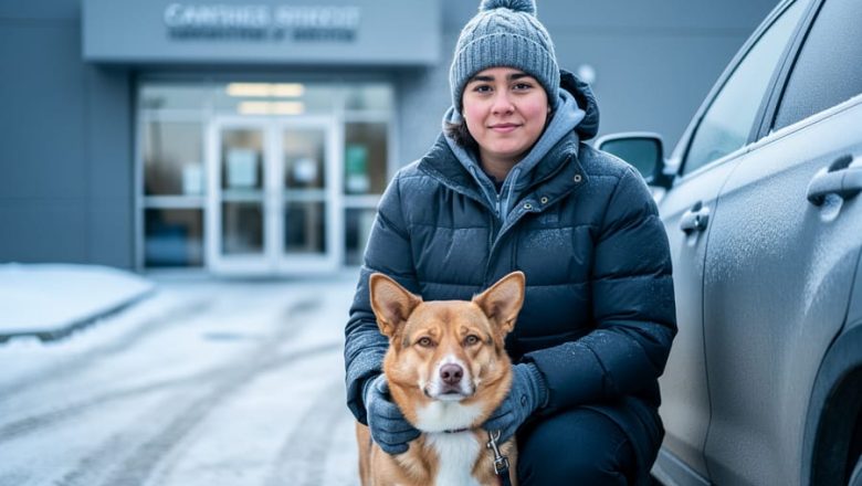 A person wearing a winter jacket gently holds a leash beside a calm dog in snowy Edmonton near a parked car.