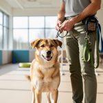 “A dog and handler standing in a bright indoor training facility with a leash, representing dog training in Newmarket.”