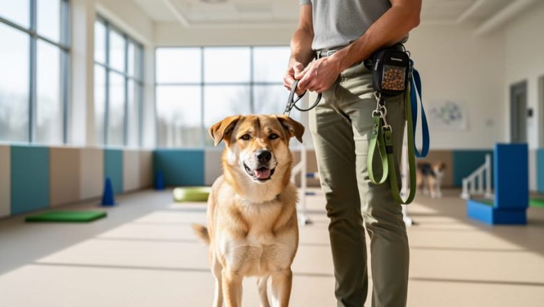 “A dog and handler standing in a bright indoor training facility with a leash, representing dog training in Newmarket.”