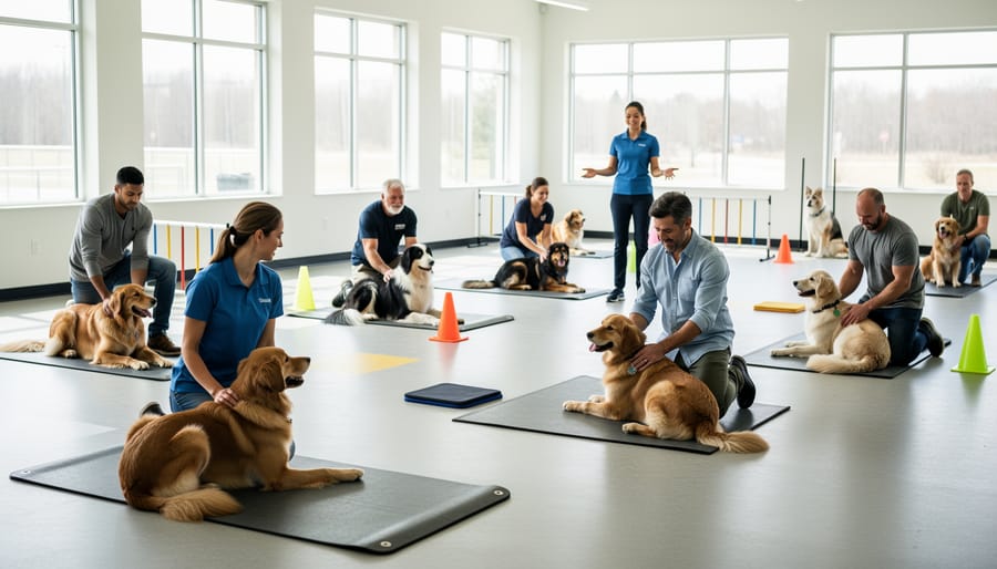 Owners and dogs practicing basic obedience in an indoor training studio.