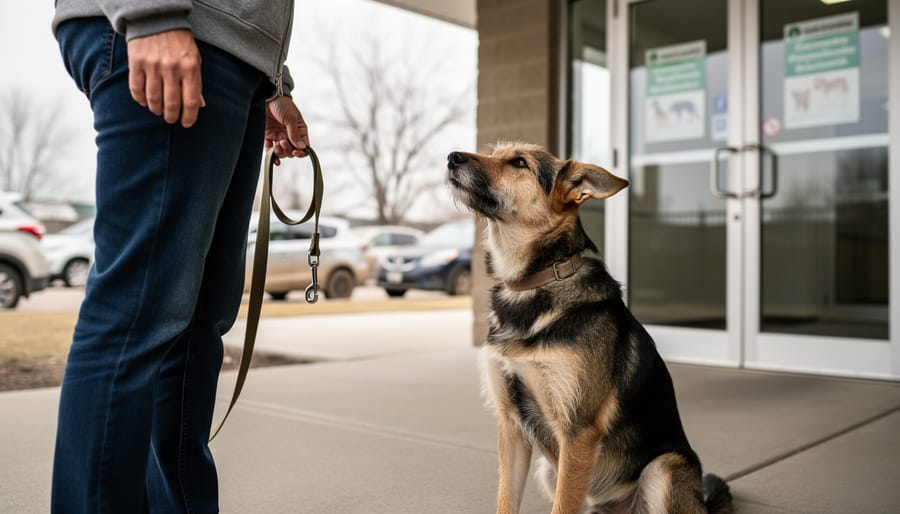 Person holding an adoption leash next to a rescue dog near a Winnipeg shelter walkway at golden hour