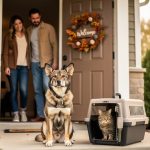 Rescued dog and cat being welcomed by adopters at a cozy home entrance in Lincoln.