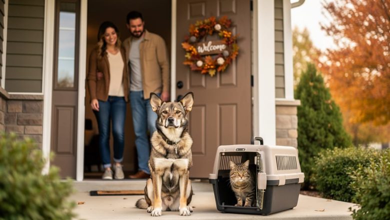Rescued dog and cat being welcomed by adopters at a cozy home entrance in Lincoln.