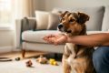 A rescue dog sitting calmly next to an adopter who offers a treat indoors, illustrating compassionate, consistent “spot on” training.