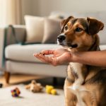 A rescue dog sitting calmly next to an adopter who offers a treat indoors, illustrating compassionate, consistent “spot on” training.