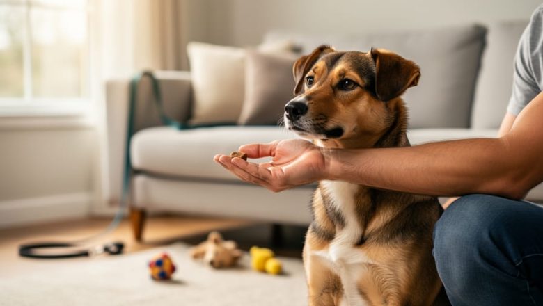 A rescue dog sitting calmly next to an adopter who offers a treat indoors, illustrating compassionate, consistent “spot on” training.