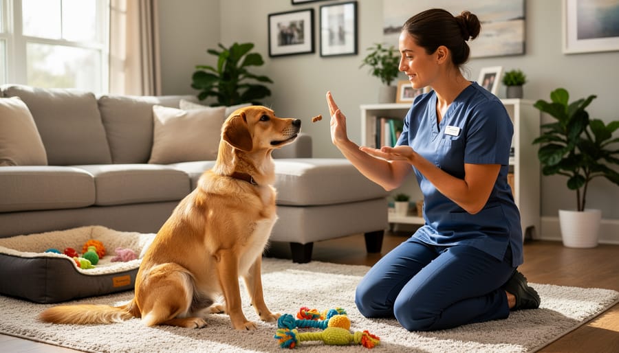 Trainer kneeling at home offering a treat to a small dog during in-home training.