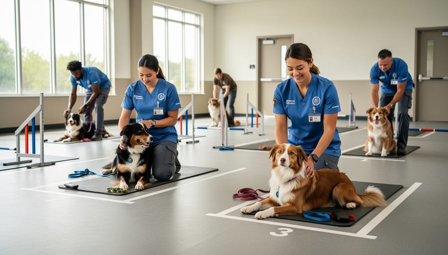 Volunteers kneeling during a rescue dog training session indoors with dogs calmly waiting