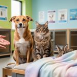 A friendly dog and tabby cat greet a volunteer in a bright Winnipeg pet rescue shelter, with another small adoptable pet nearby.