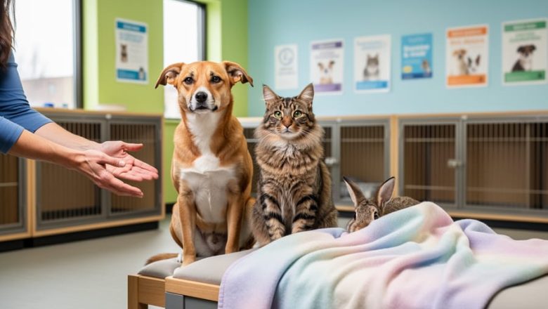 A friendly dog and tabby cat greet a volunteer in a bright Winnipeg pet rescue shelter, with another small adoptable pet nearby.