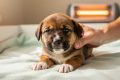 A foster caregiver’s hand gently supports a 6-week-old puppy resting on a blanket in a warm whelping area.