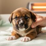 A foster caregiver’s hand gently supports a 6-week-old puppy resting on a blanket in a warm whelping area.