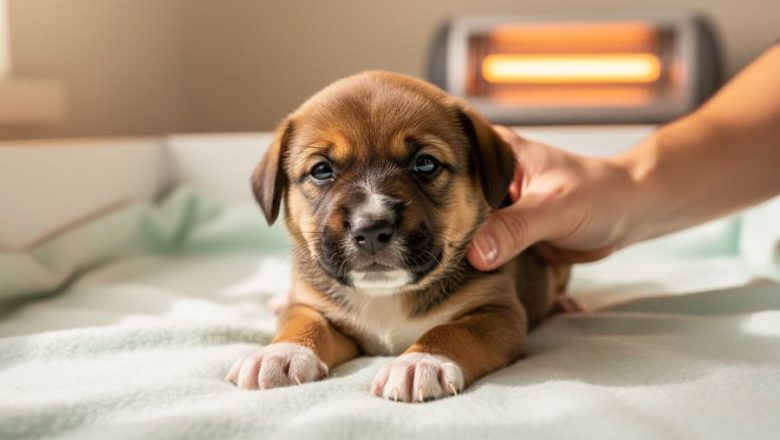 A foster caregiver’s hand gently supports a 6-week-old puppy resting on a blanket in a warm whelping area.